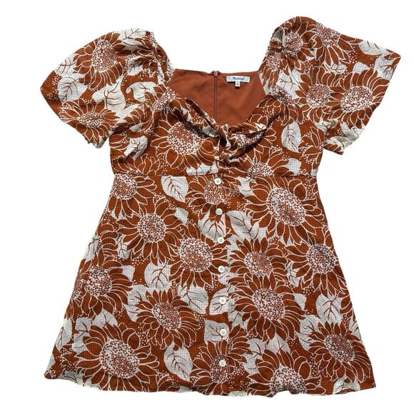 Madewell Dress Sz 14P Orange 100% Silk Floral Mini Tie Button Front Cottage Core - Picture 2 of 8